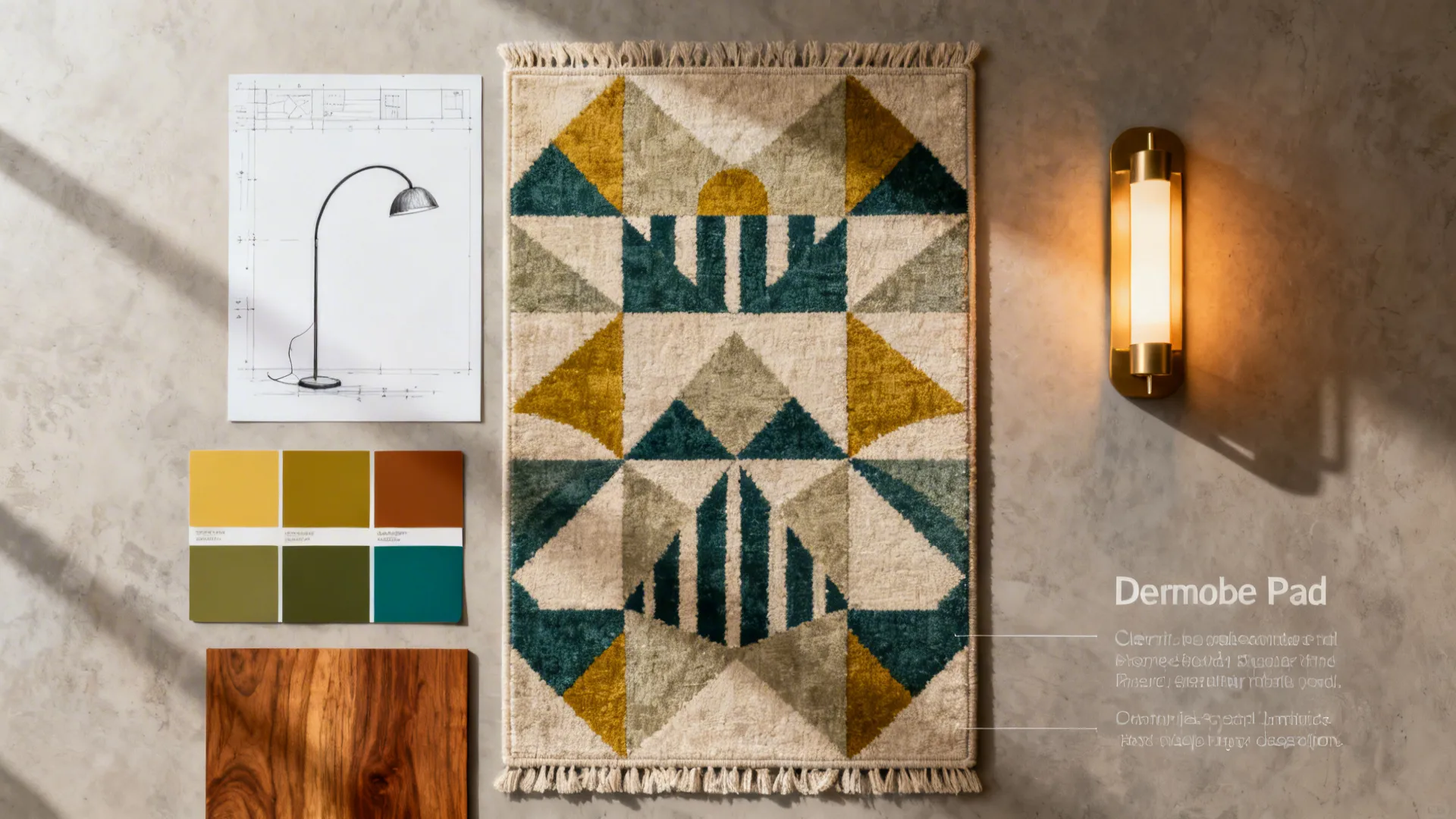 Top-down flatlay of layered lighting pieces and a geometric rug swatch for a mid century scheme.