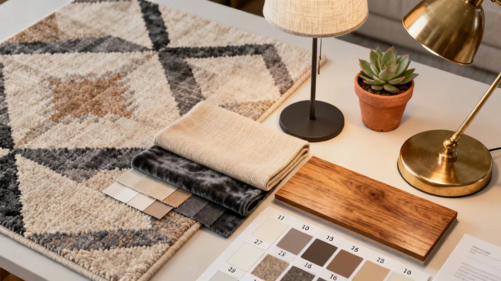 Material flatlay showing rug sample, upholstery swatches and lighting options for a cozy living room.