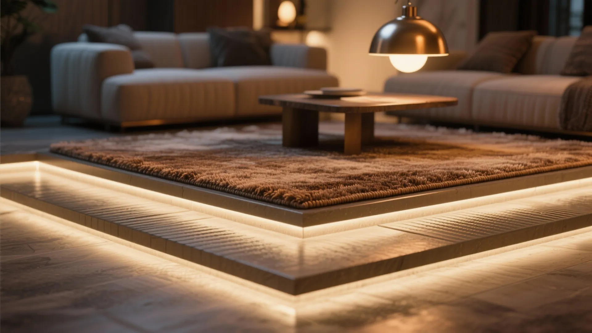 Living room area with a brown rug on a raised floor with built in light strips