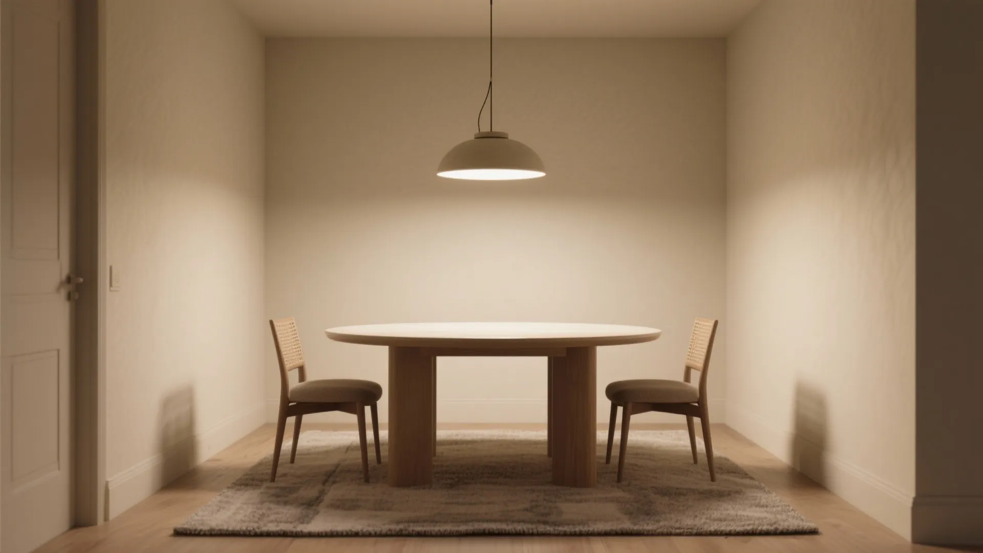 Minimalist dining room with round wooden table two chairs warm ceiling light and grey rug