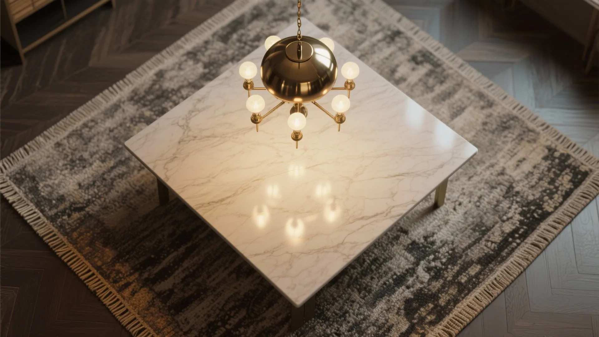 Gold ceiling light hanging above a white marble coffee table on a grey patterned rug