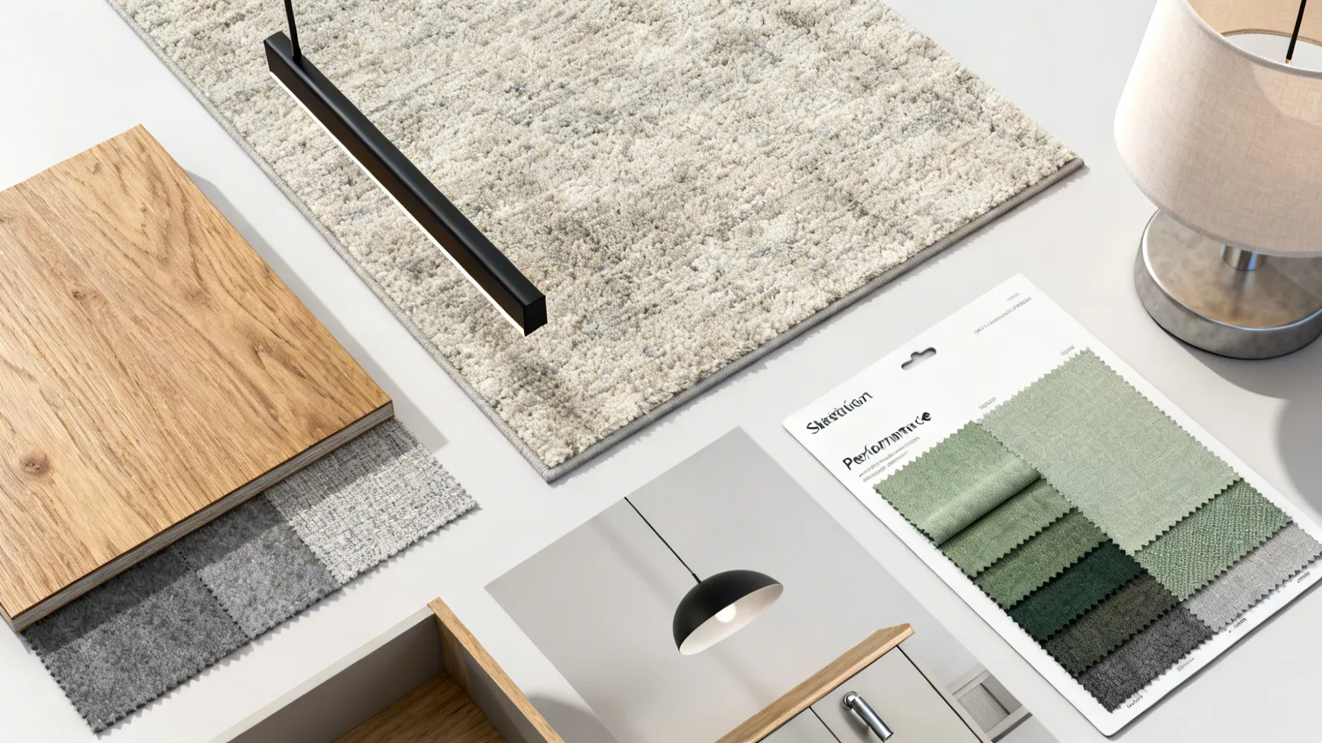 Flat lay of oak wood, rug swatches, pendant options, performance fabrics, and hardware for dining.