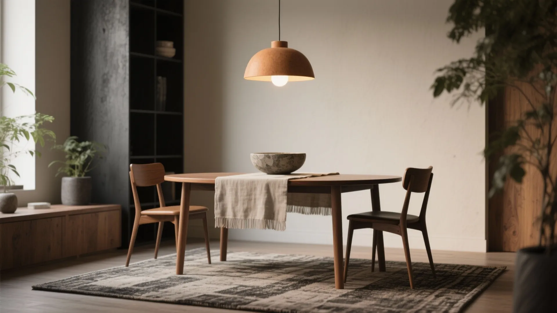 Modern dining room with wooden table orange ceiling light patterned rug and dark book shelf