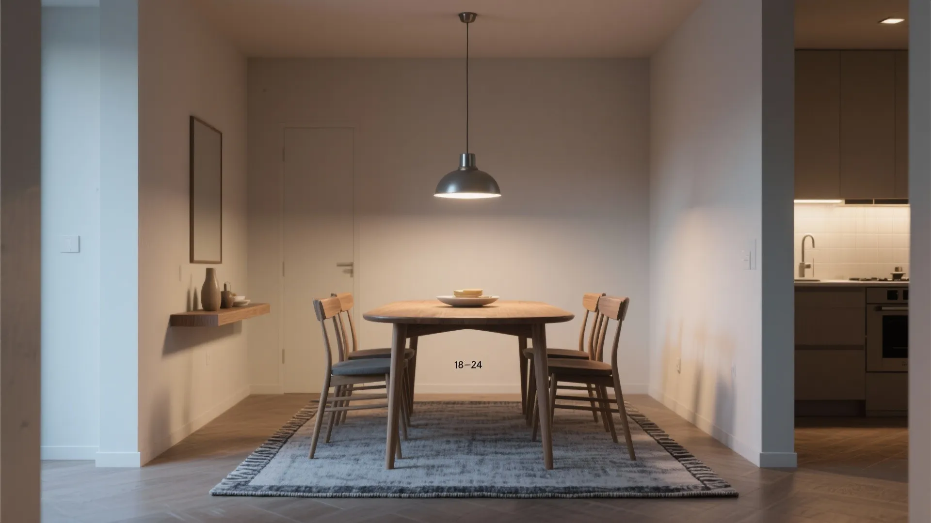 Dining room with wooden table and chairs on grey rug under a metal ceiling light
