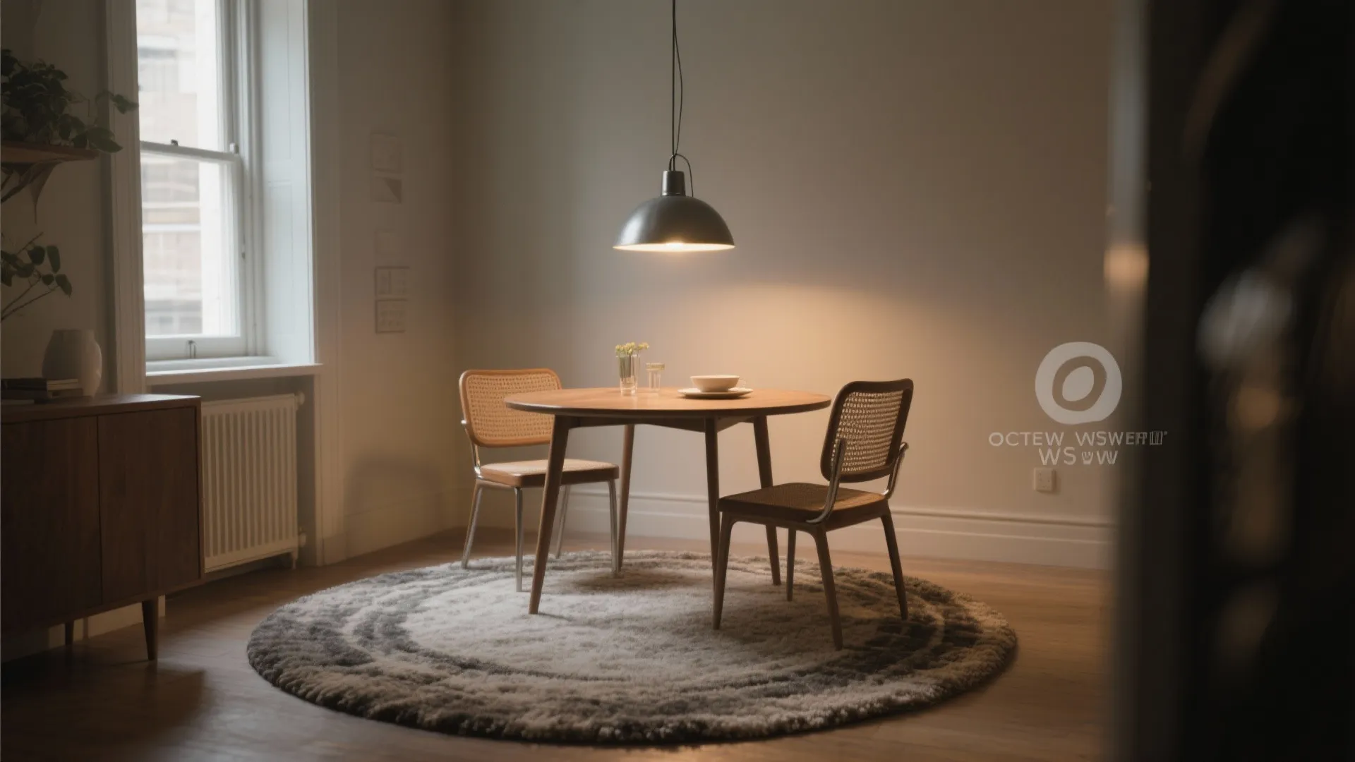 4. Layered lighting and rugs to define zones