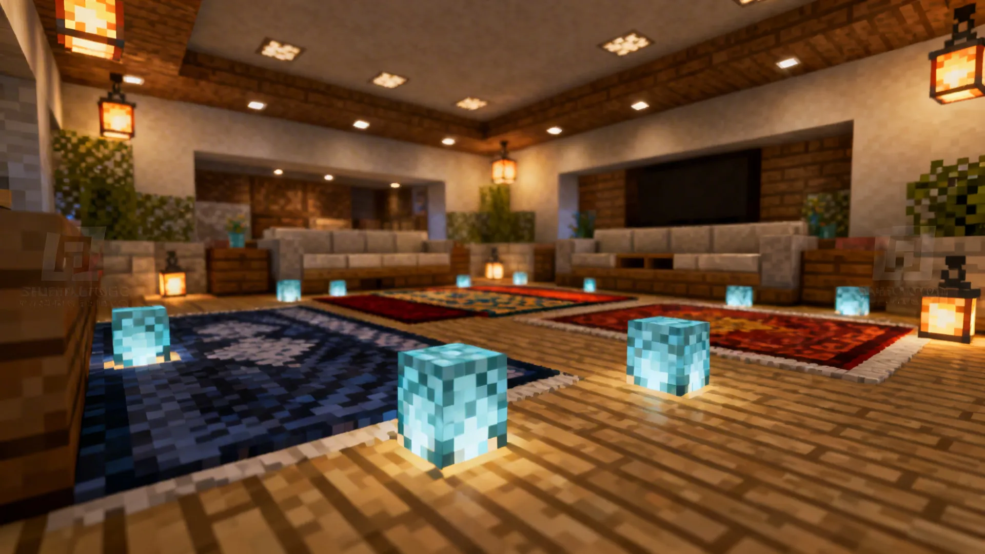 Layered lighting and colorful rugs in a Minecraft-style living room interior.