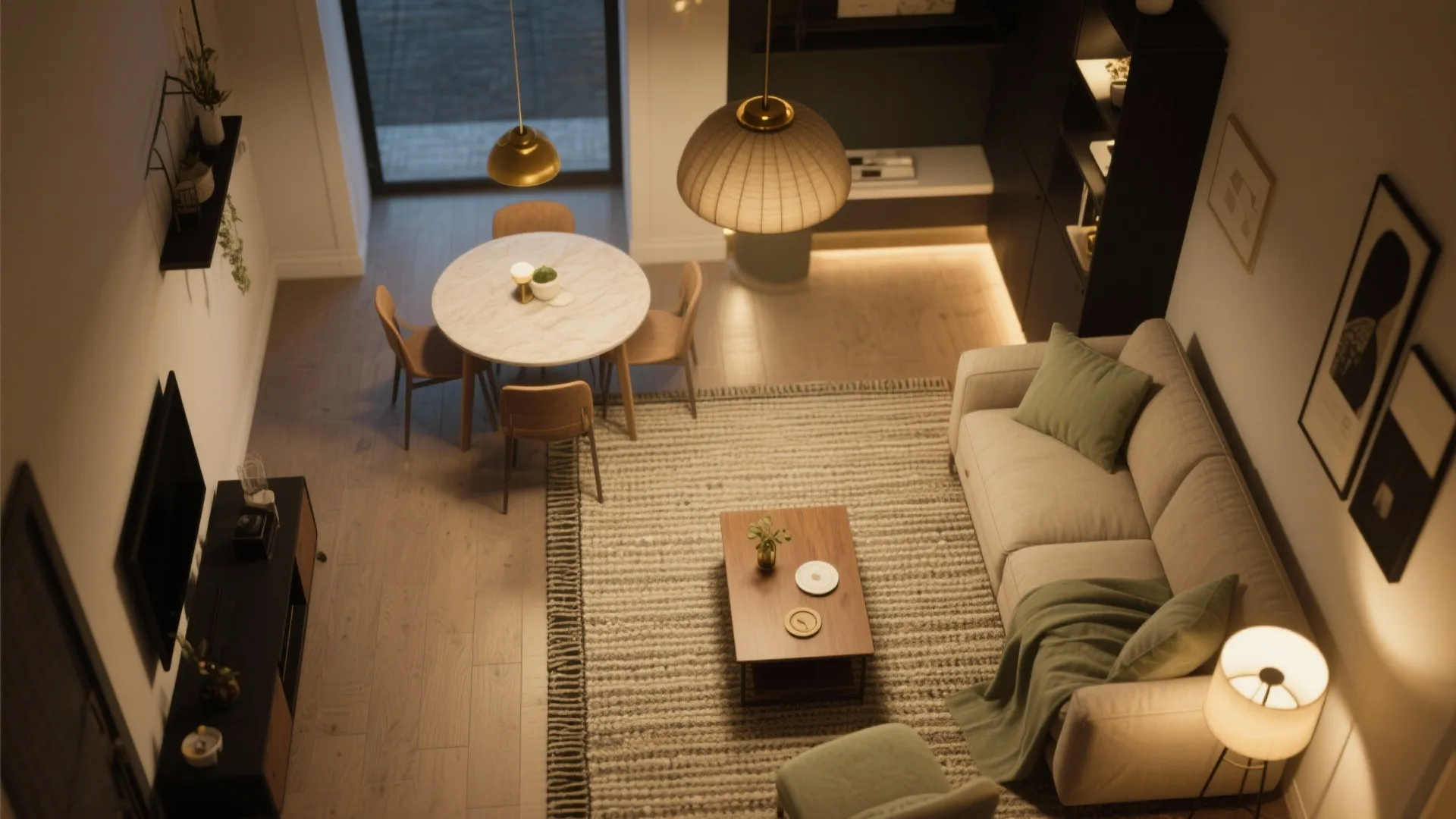 Layered lighting and area rugs to “draw the line”