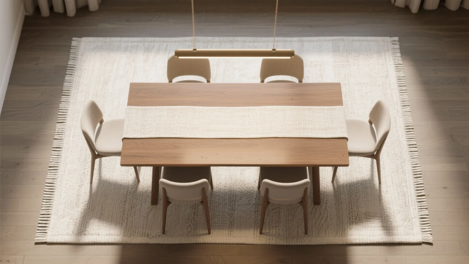 Top down view of a wooden dining table with a runner and a ceiling light