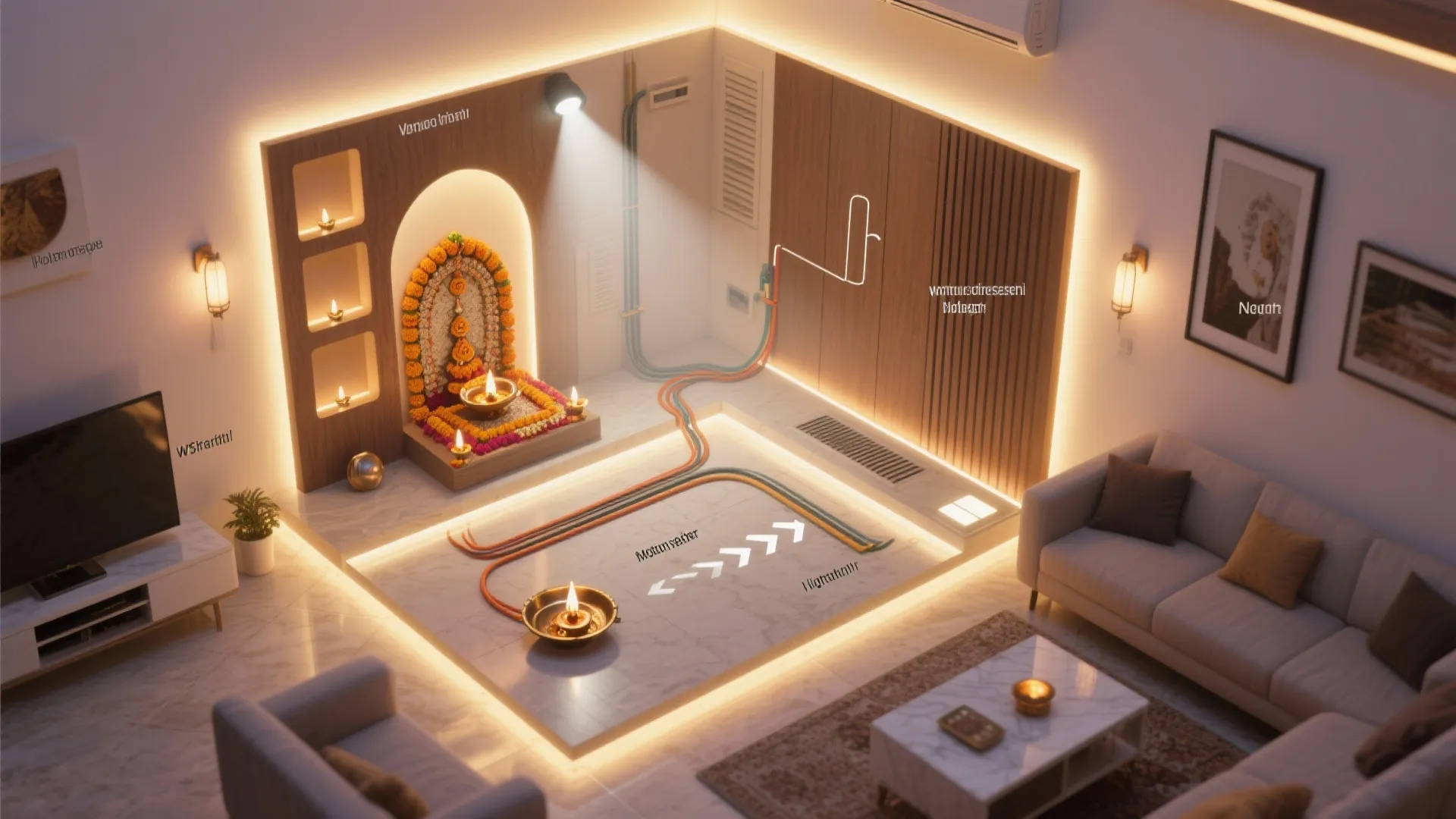 Top-down visualization of layered lighting, safe diya setup, and airflow planning for a pooja corner.