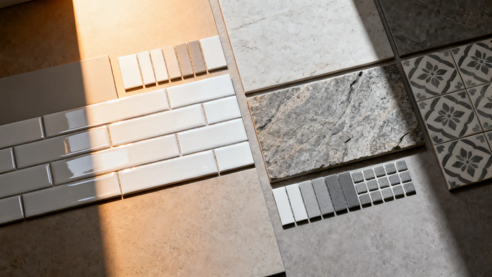 Flat lay of tile and grout samples under warm and neutral lighting.