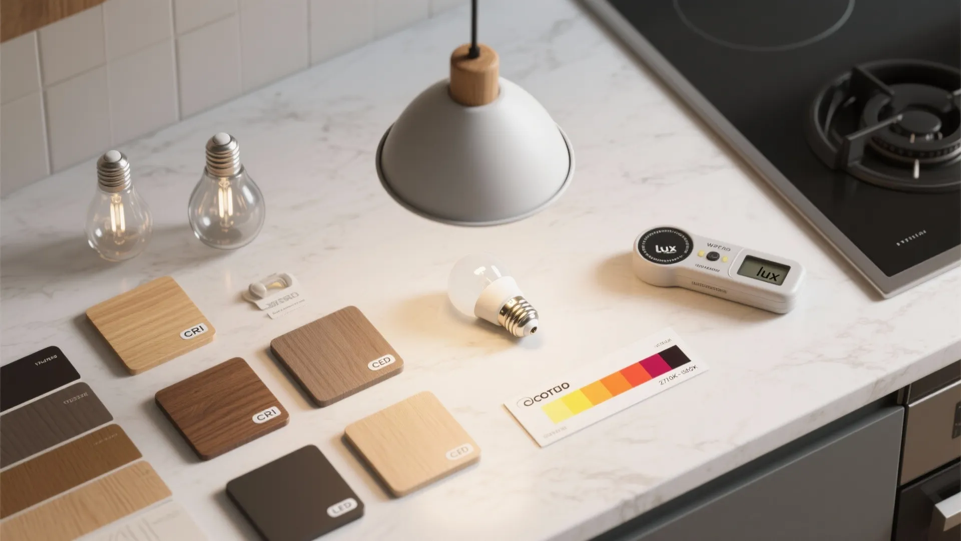 Flatlay of LED bulbs, pendant shade samples, finish swatches, and a color temperature strip for kitchen lighting choices.