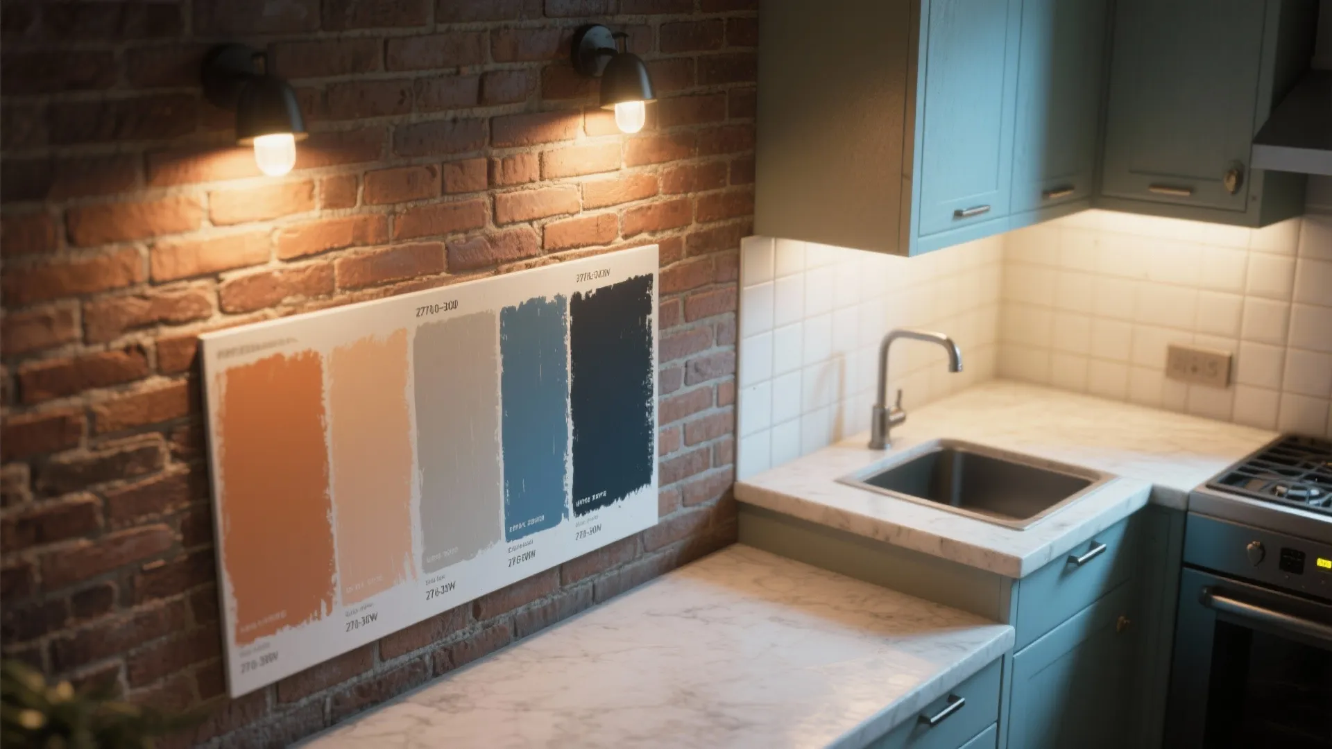 Kitchen interior with red brick wall paint color samples marble countertop and green wall cabinets