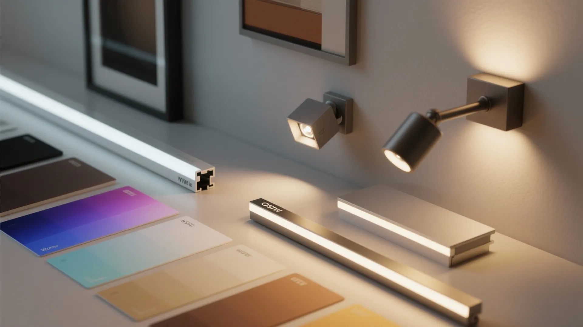 Interior design lighting samples showing led strips and wall lights next to colorful material cards