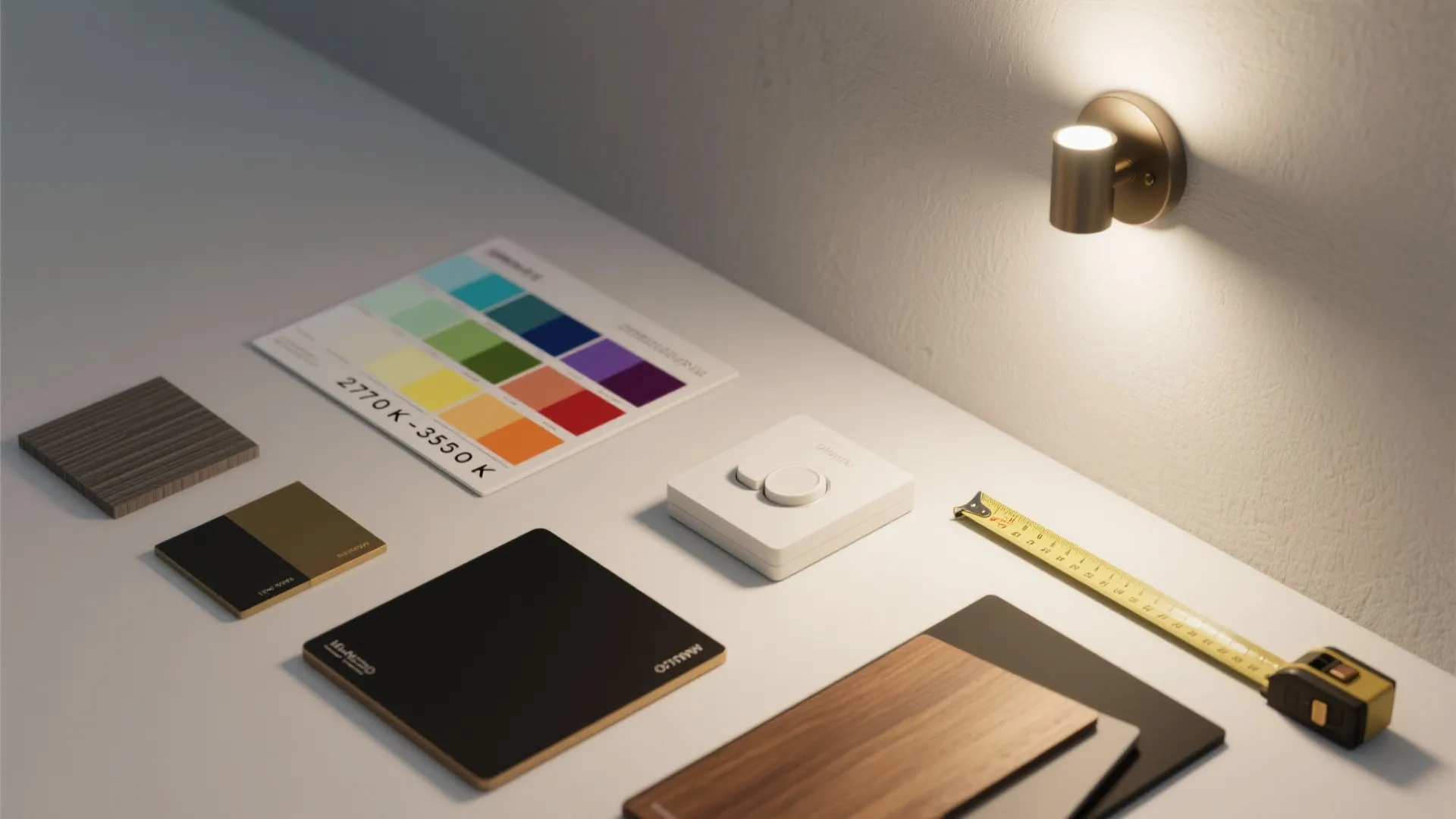 Flatlay of lighting samples including color temperature swatches, dimmer, and finish samples for sconces.