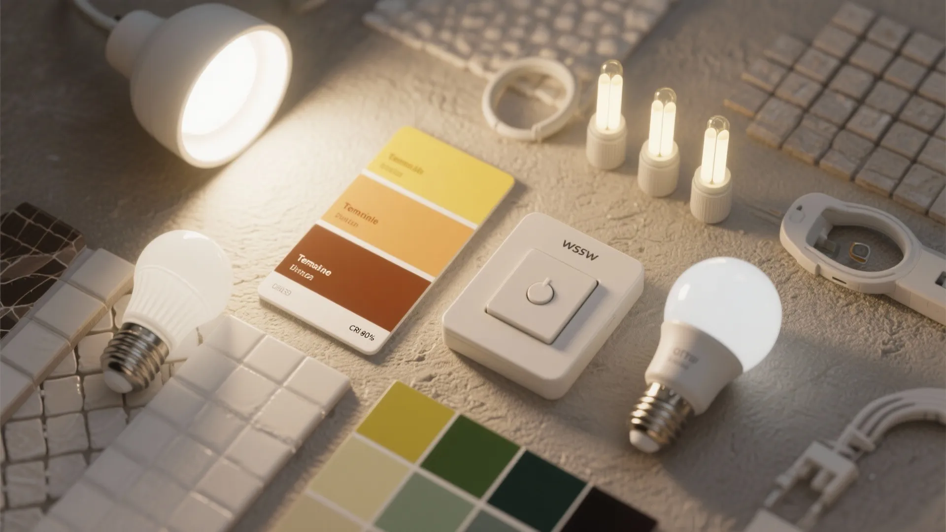 Flat lay of light bulbs color samples and smart switch for interior design lighting planning project