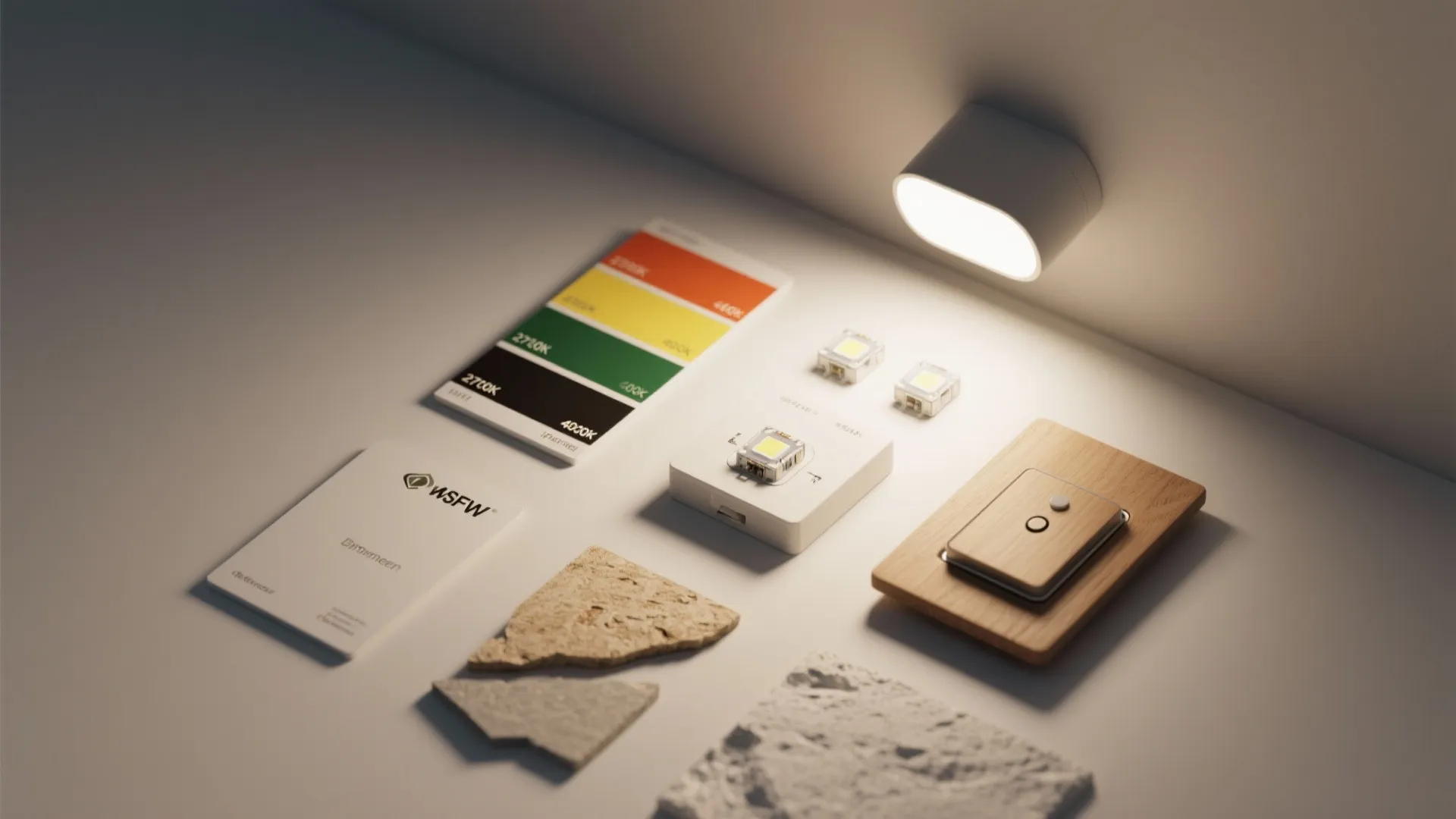 Flatlay of color temperature swatches, LED modules, IP rating label and material samples for flush lights