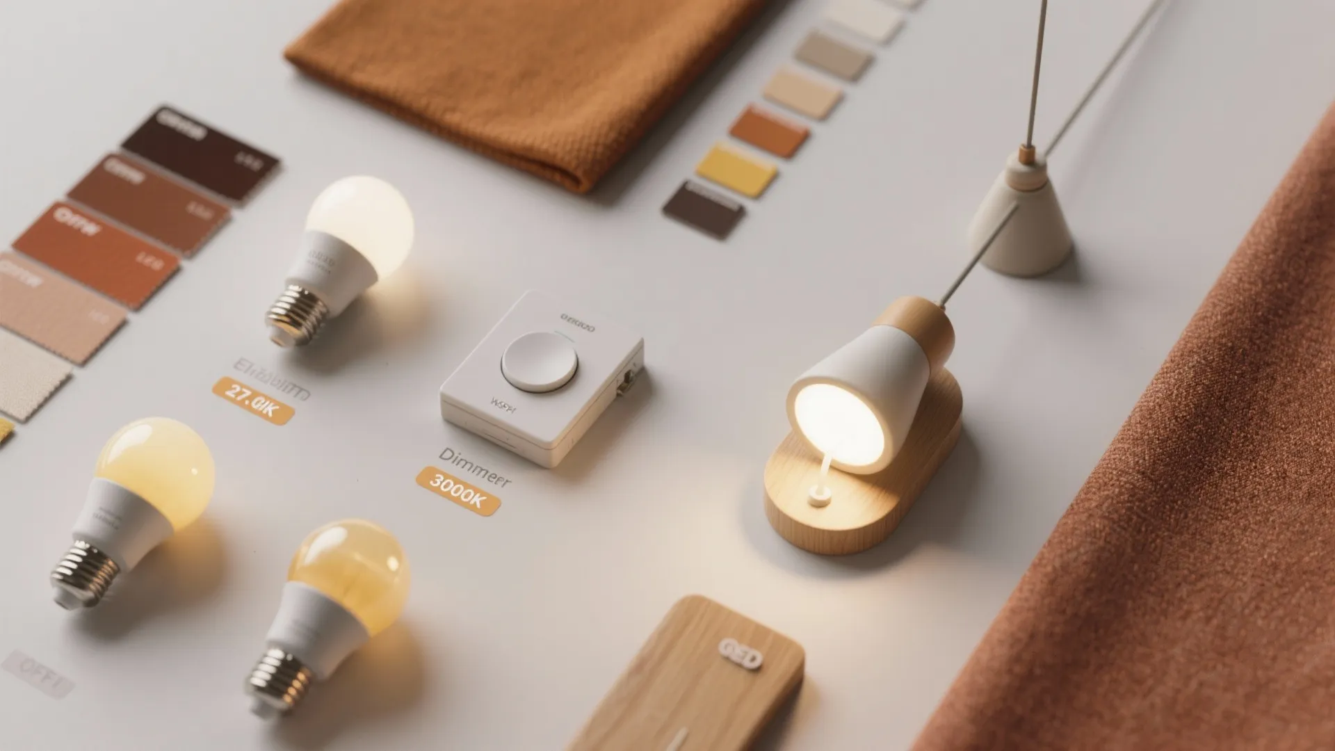 Flatlay of LED bulb samples, dimmer switch, sconce and pendant miniatures with warm textile swatches