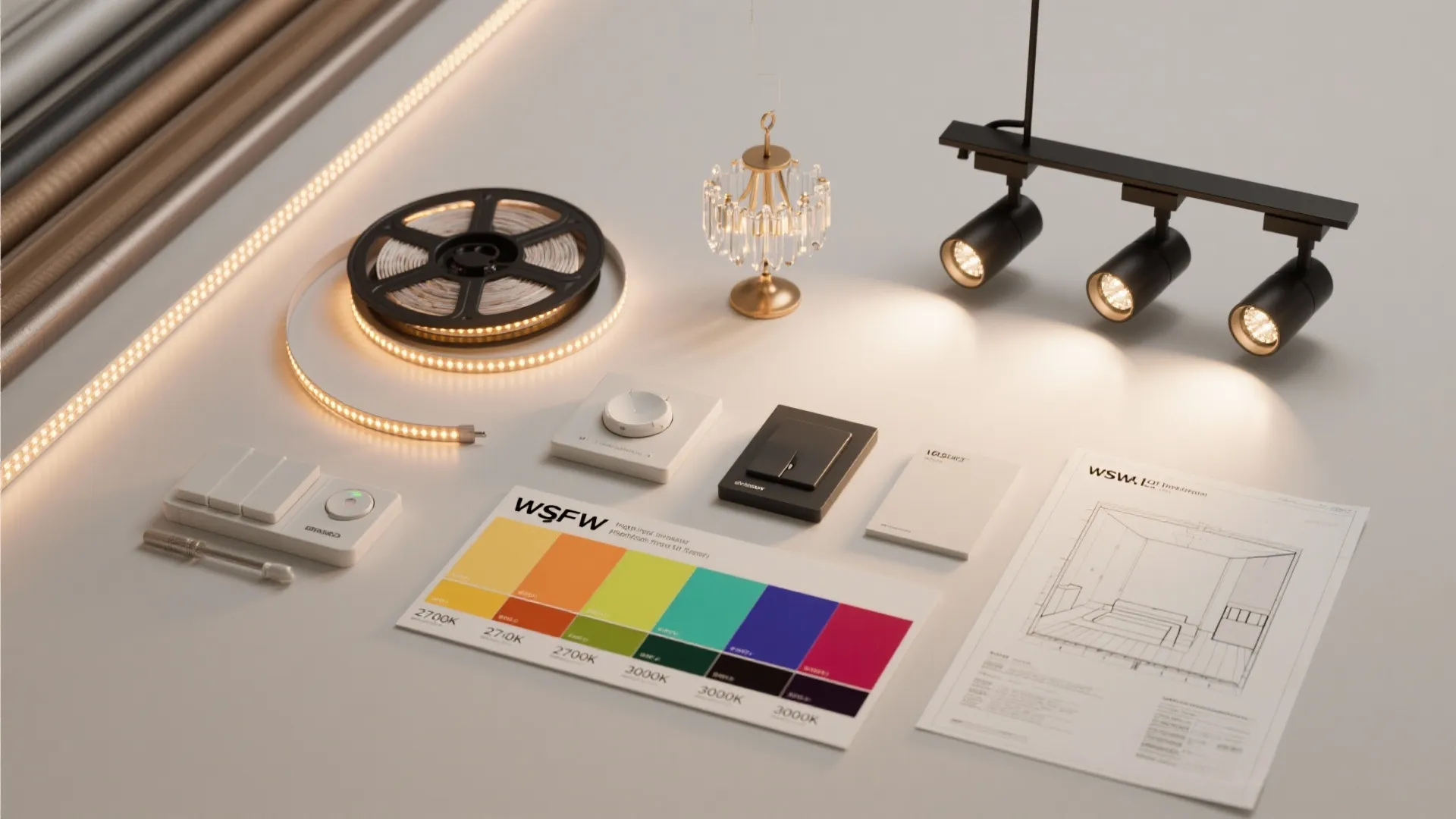 Flatlay of lighting samples: LED tape, dimmer switches, spotlights, chandelier sample, and color temperature swatches.