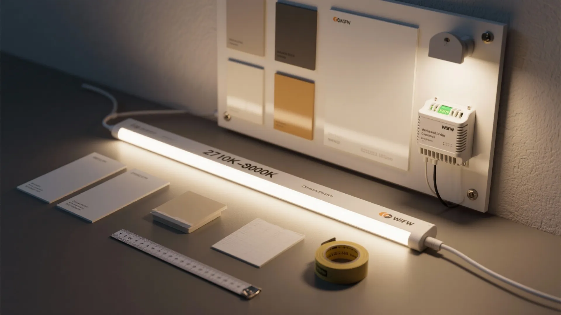 Lighting samples including warm LED strips, dimmable driver, and paint finish swatches