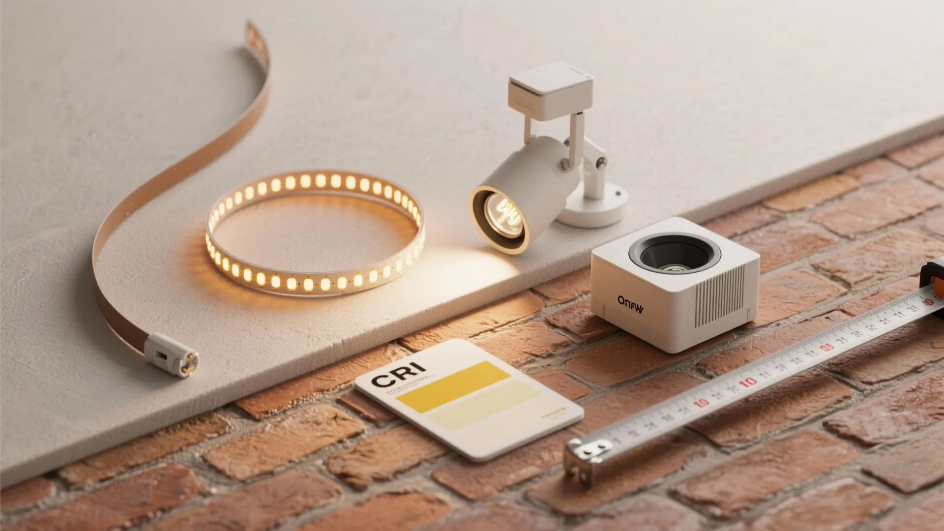 Flatlay of lighting samples and CRI swatch for brick lighting decisions.