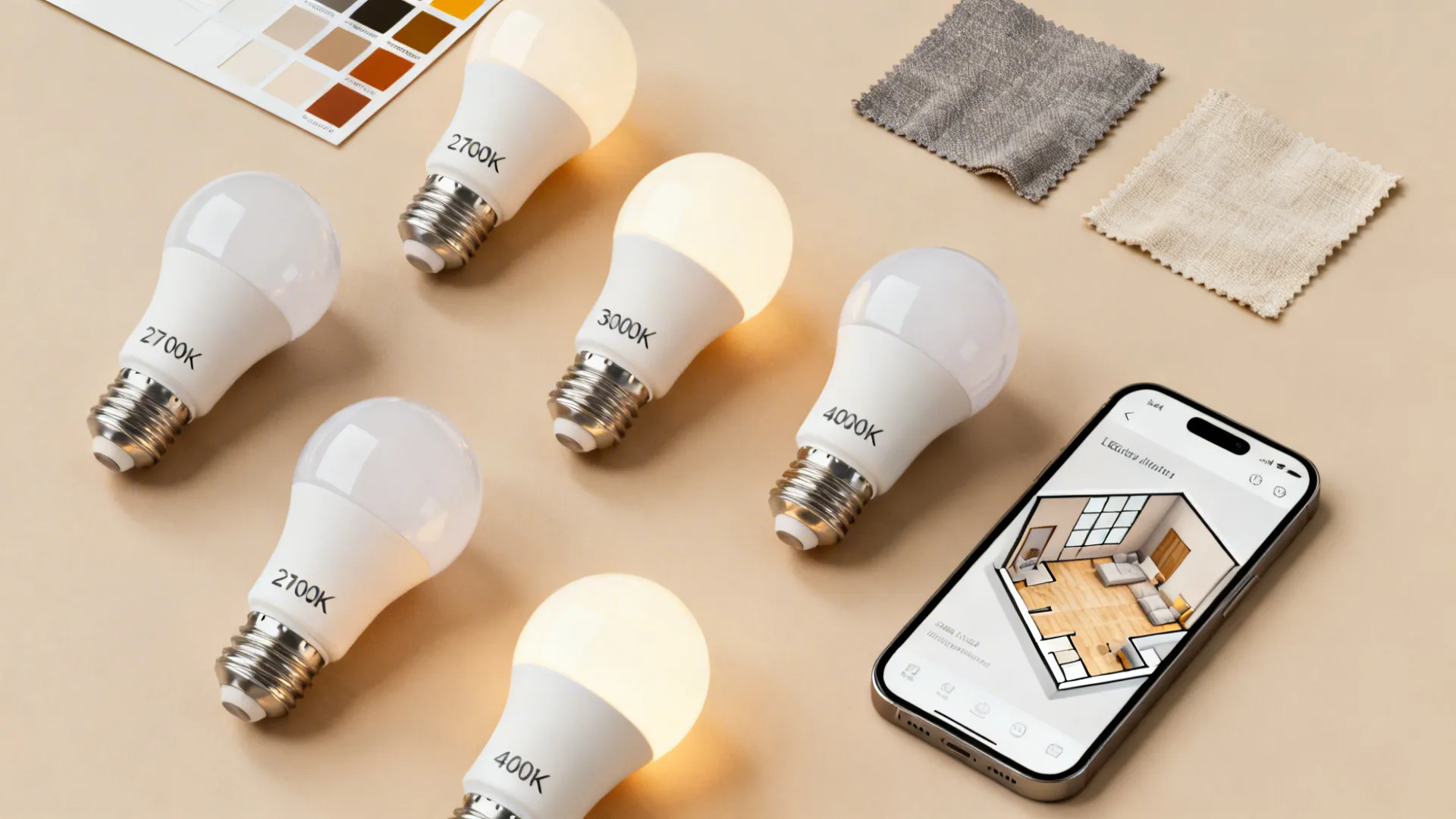 Light bulbs with different color temperatures next to a phone showing a room layout design