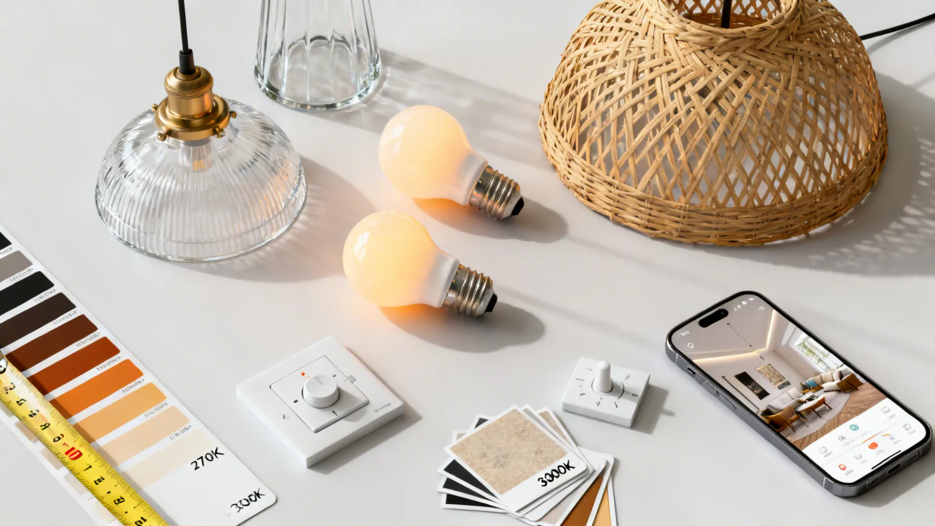 Flatlay of pendant shade samples, bulb color samples, dimmer and a 3D mockup on a phone for planning lighting.