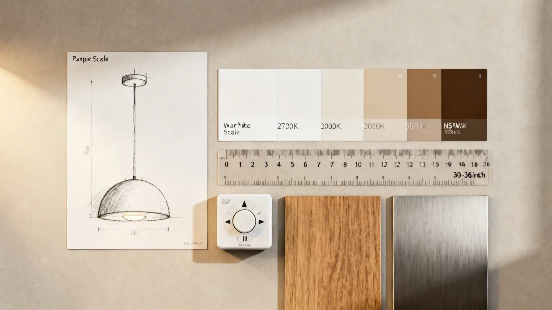 Flatlay of pendant scale sketches, warm white swatches, and dimmer components for dining lighting