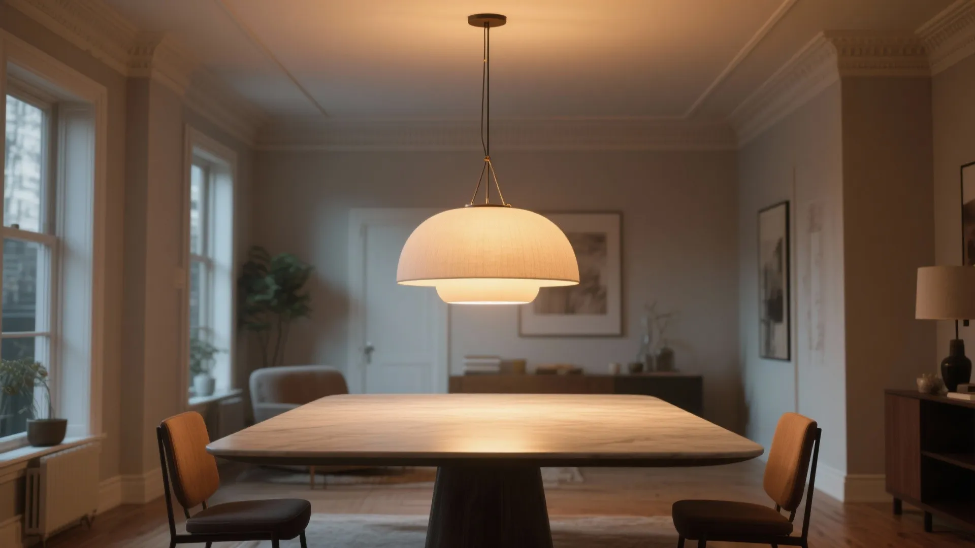 Large ceiling light hanging over a marble table in a room with two wooden chairs