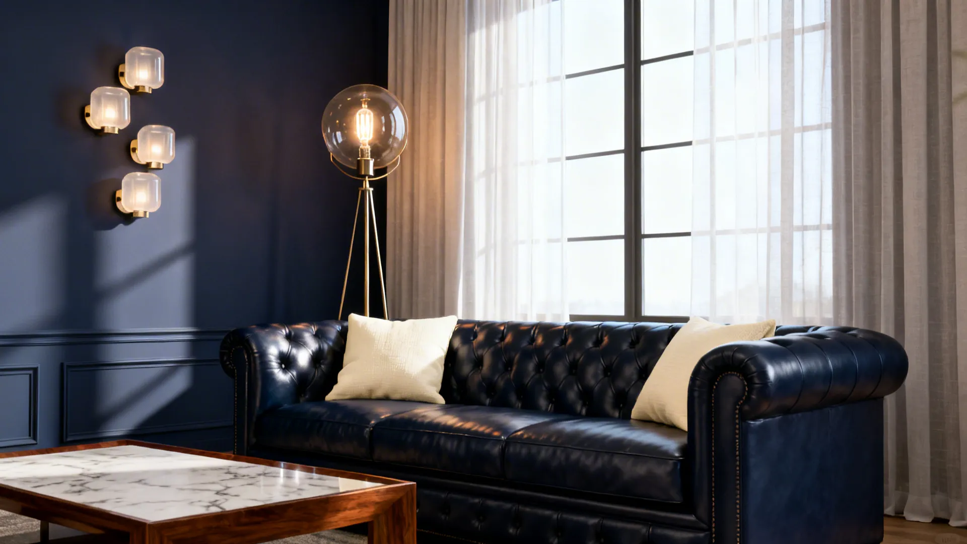 Navy sofa paired with a tall floor lamp and wall sconces to balance visual scale.