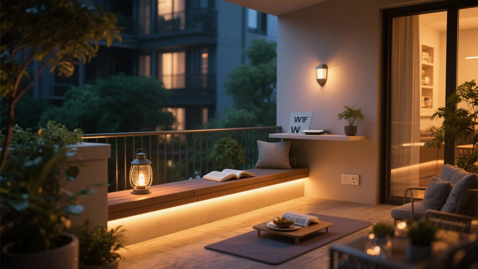 Modern balcony at night with wooden bench lighting wall light plants books and warm atmosphere