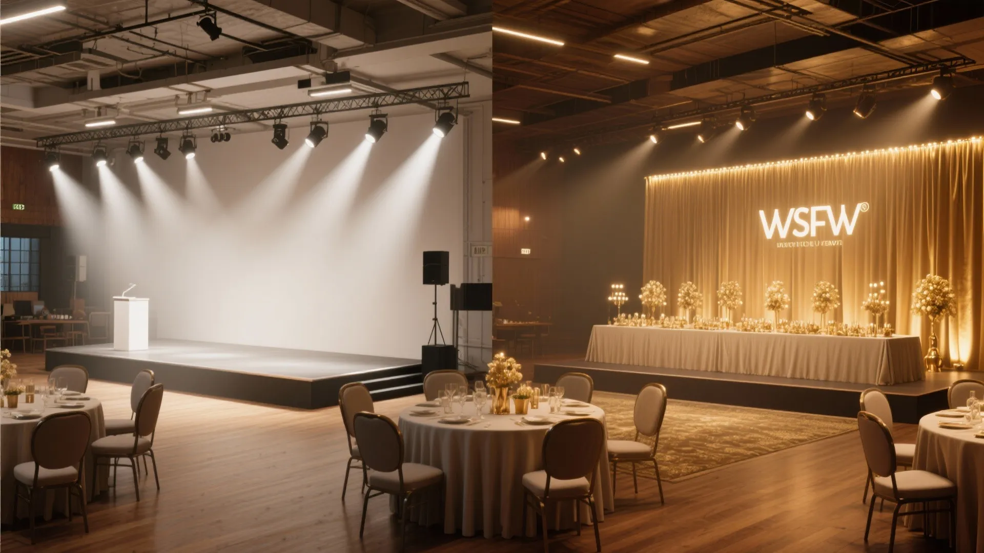 Comparison of bright white spotlights on empty stage versus warm gold event lighting with tables