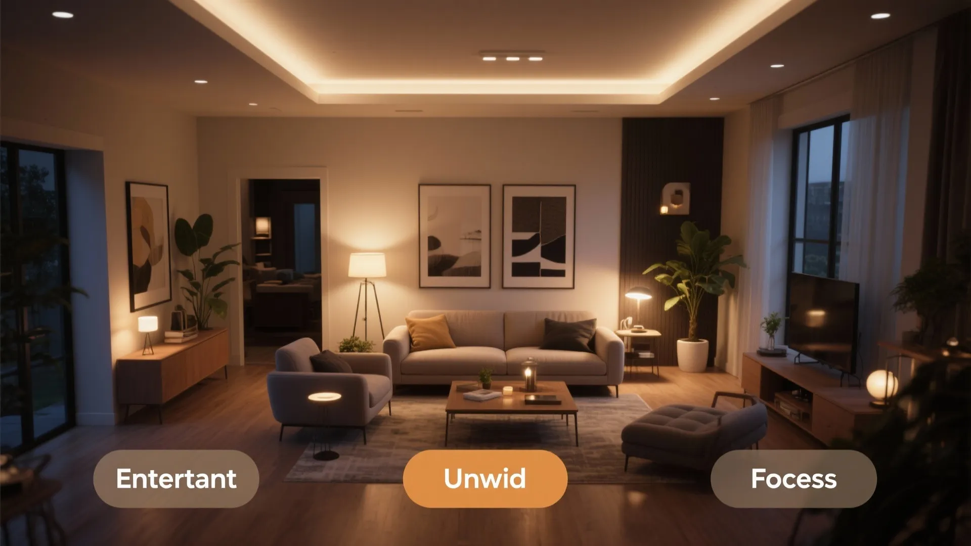 Modern living room with warm light fixtures, grey sofa, wooden furniture, and cozy evening atmosphere