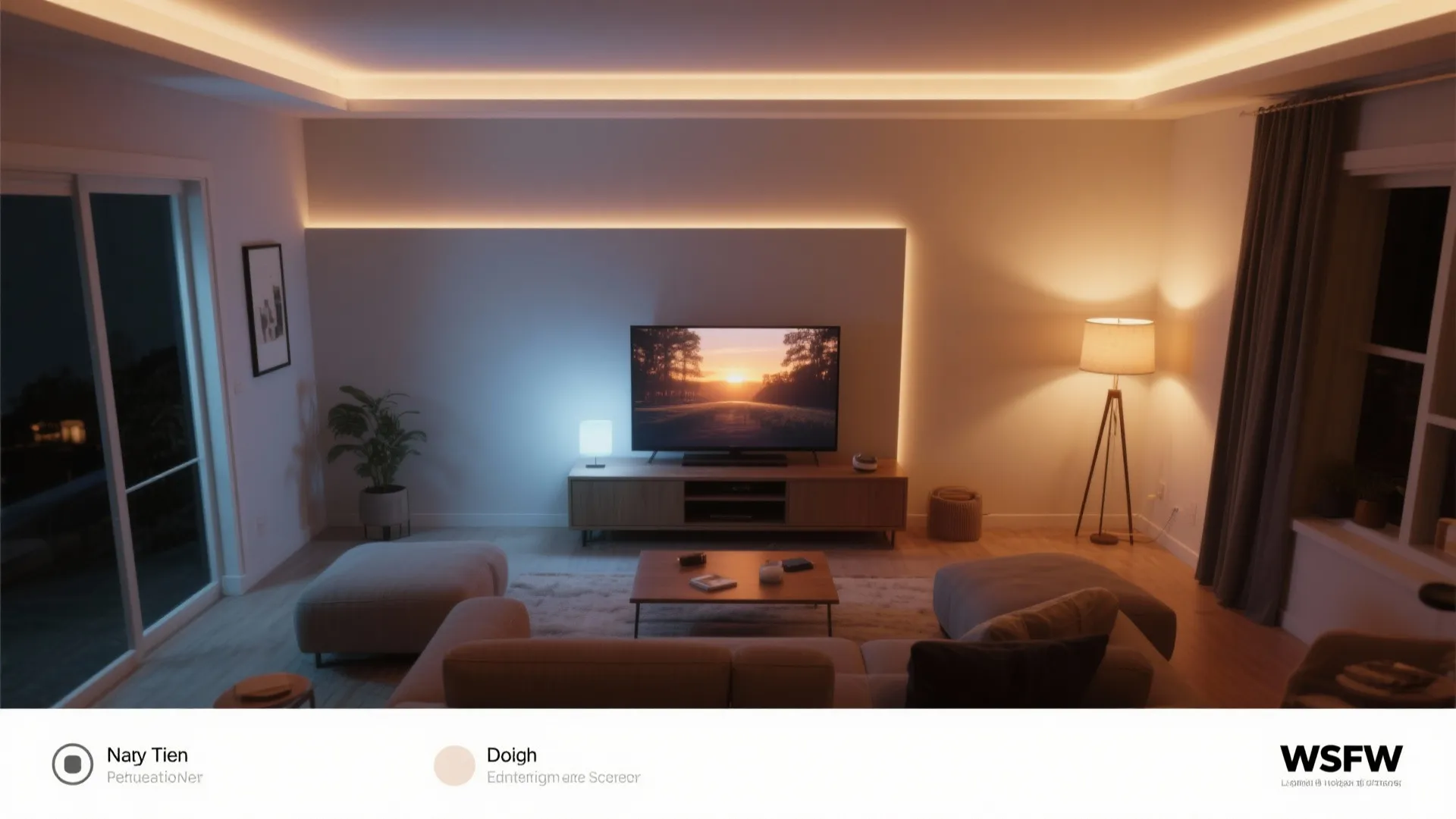 Top-down view showing bias lighting, a floor lamp, and wall wash set for different scenes.