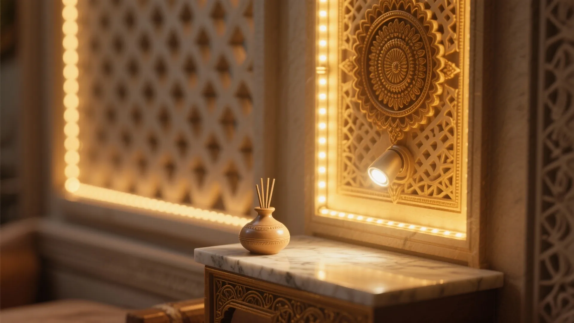 Wooden scent diffuser on a marble table lit by warm wall light and decorative panels