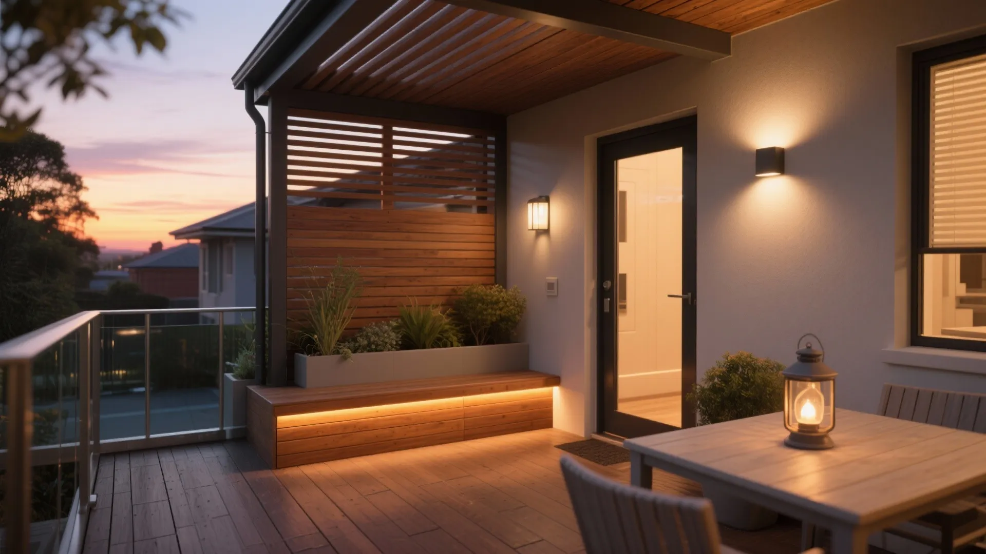 Modern patio at sunset featuring wooden bench lighting wall light wooden wall panel and table lantern
