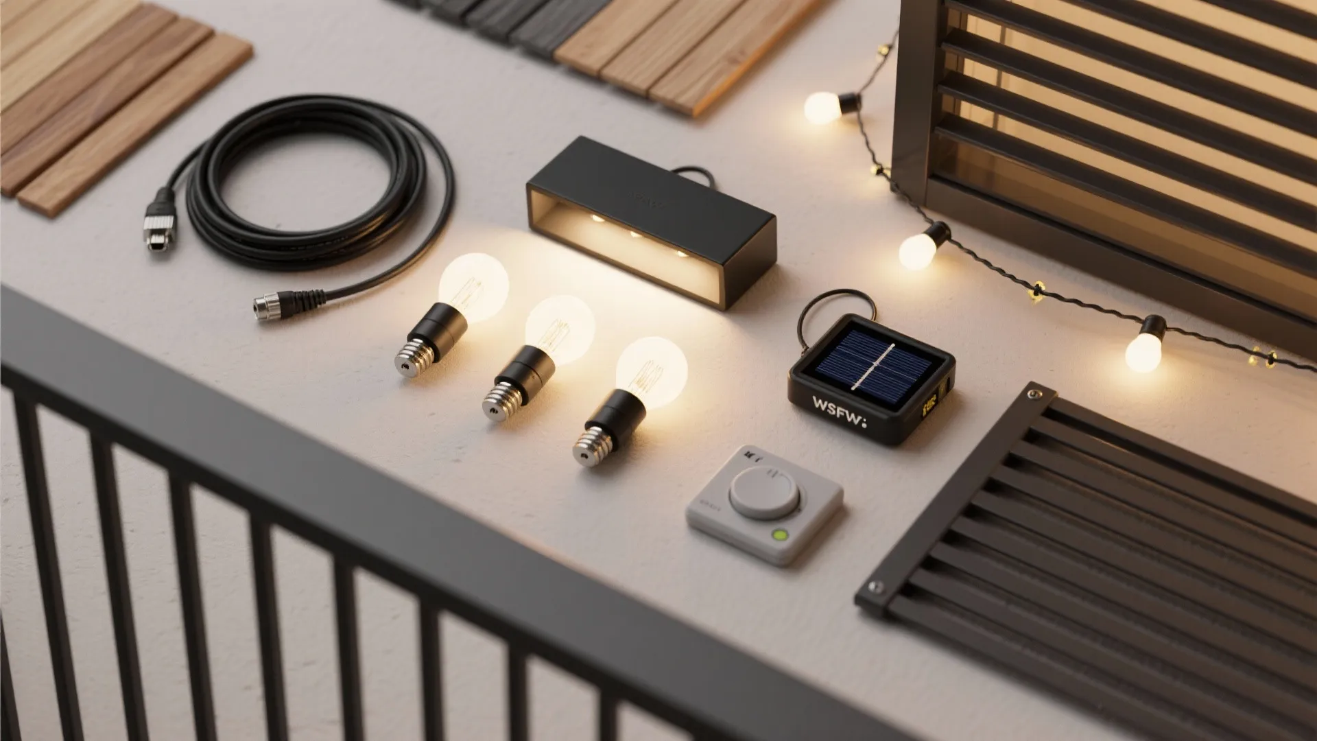 Flat lay of warm LED bulbs, IP65 cables, dimmer, and wood/metal slat screen samples.