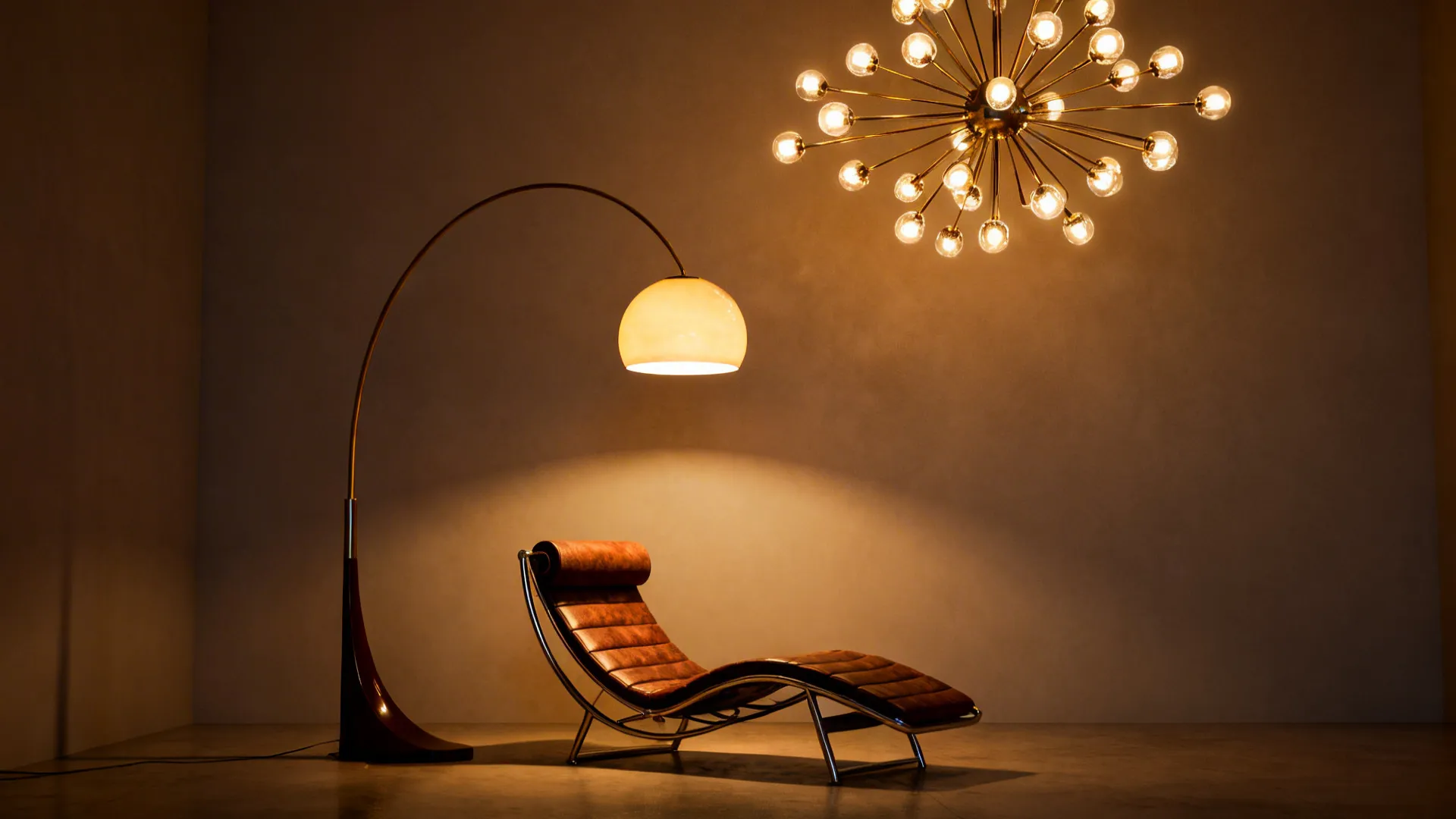 Arched floor lamp and Sputnik chandelier creating sculptural layered lighting in a mid-century living room.