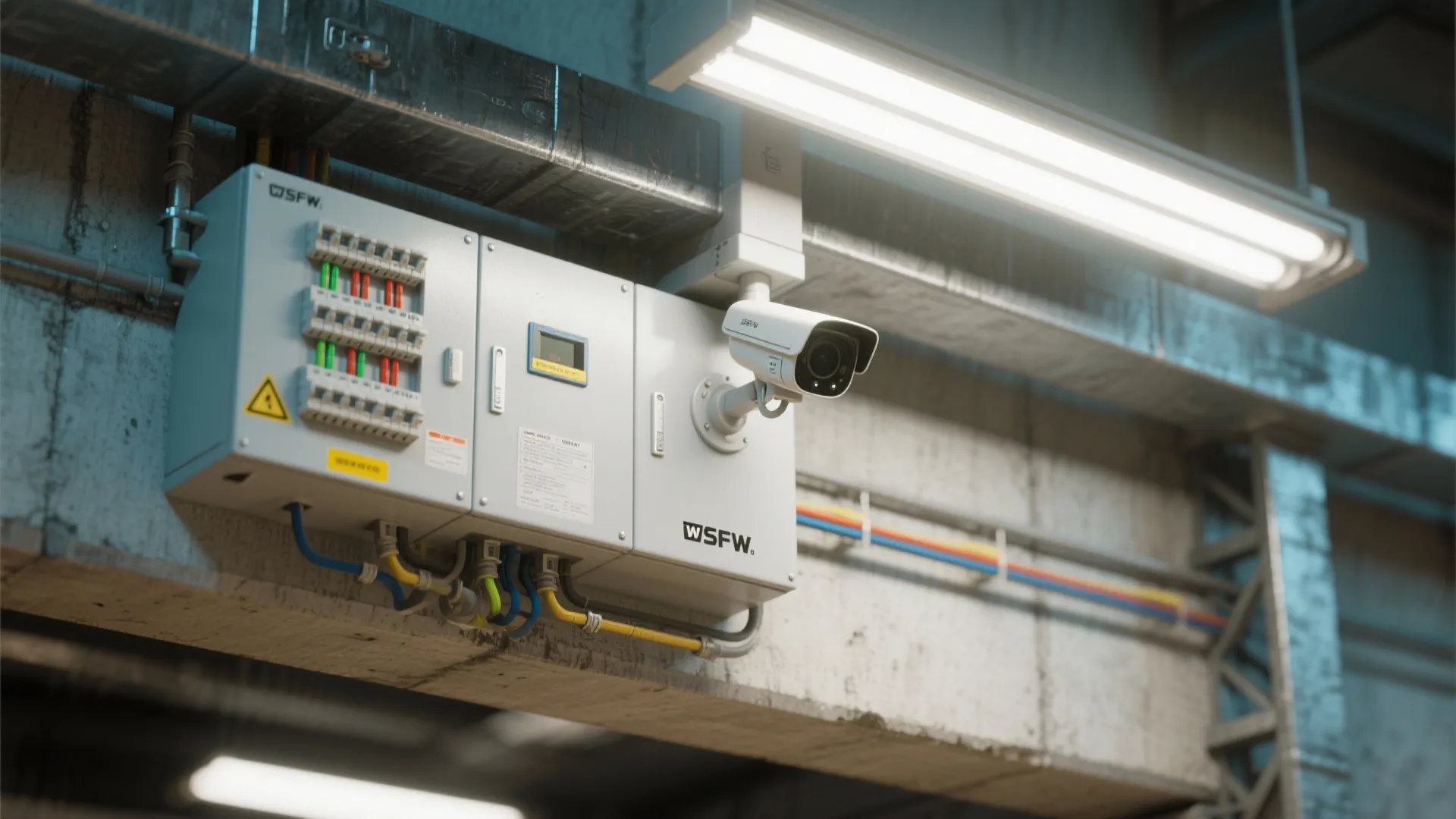 Industrial security camera mounted on a grey electrical box with ceiling light in a warehouse