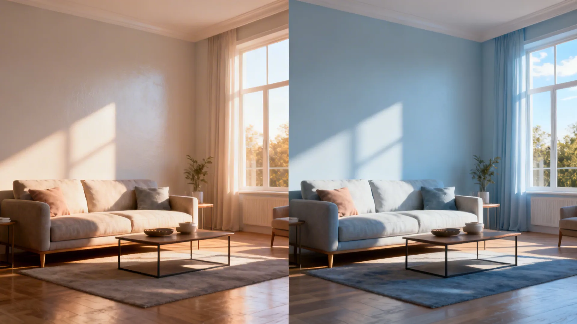 Comparison of living rooms under different lighting showing sheen effects on paint