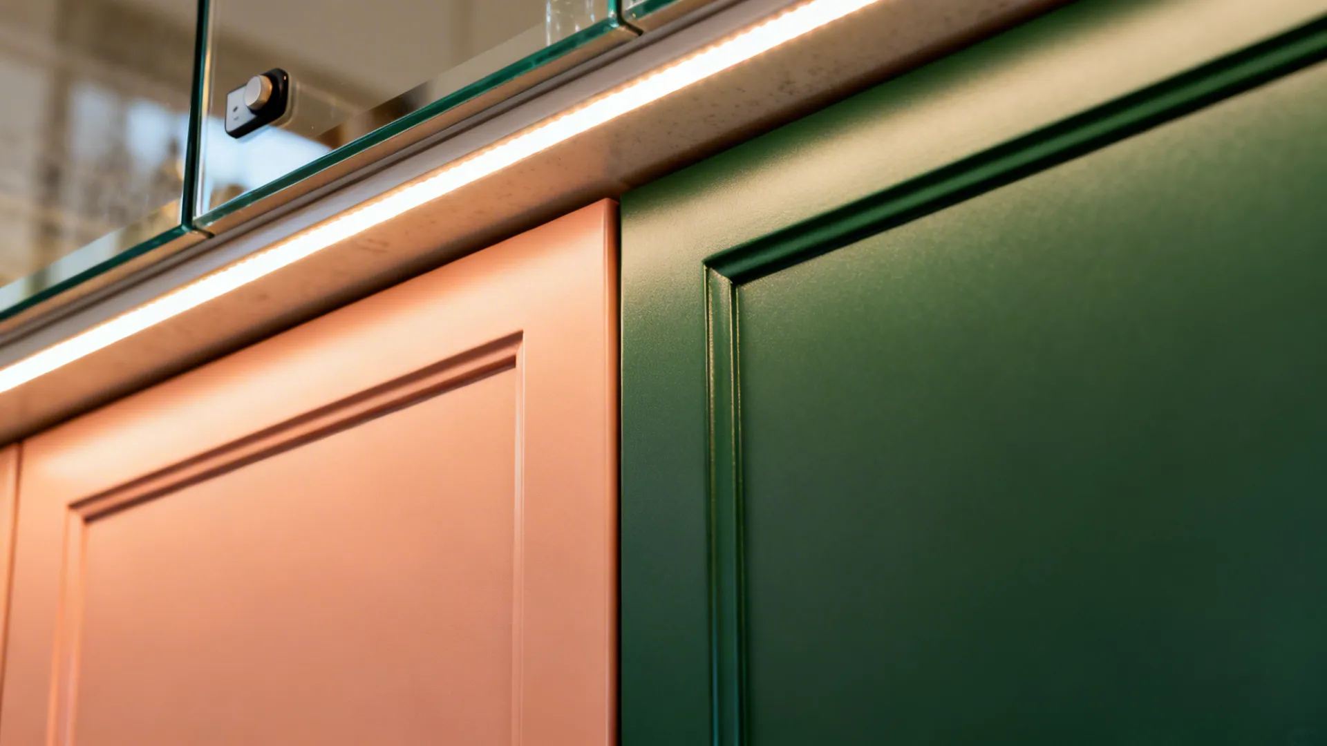 Macro of satin-finish peach and forest cabinet samples under warm LED task lighting.