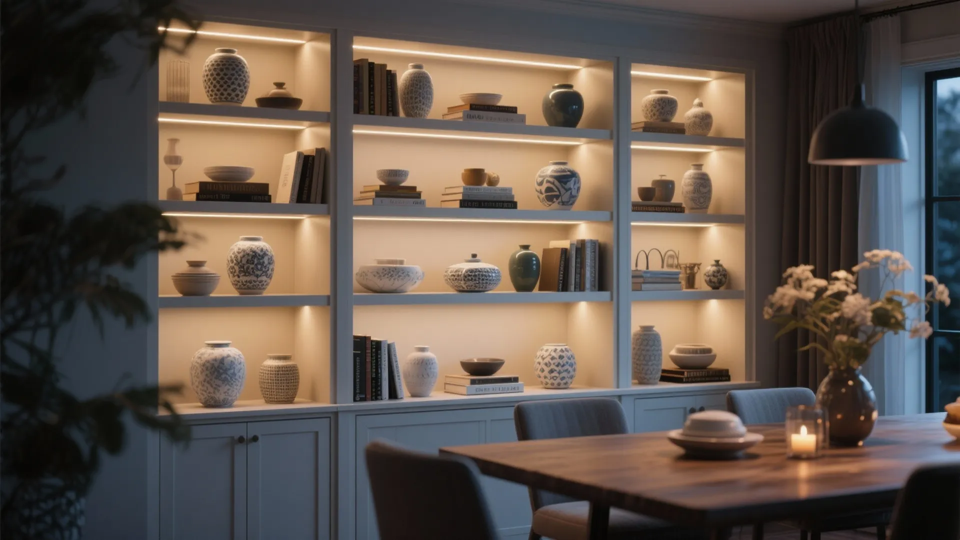 Dining room built-in shelves with soft integrated lighting