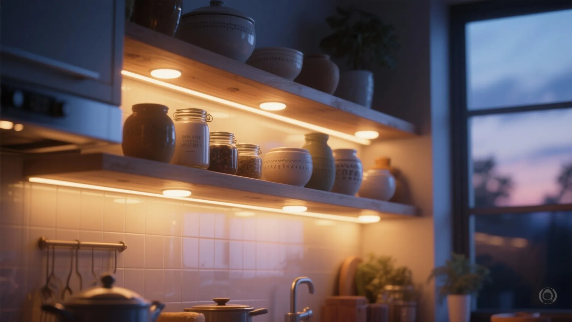 Modern kitchen shelves with warm under cabinet light strips, jars, bowls, and a evening window