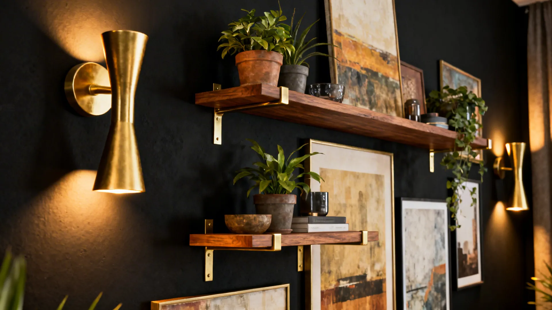 Black wall with sculptural wall lights and floating wooden shelves with brass accents