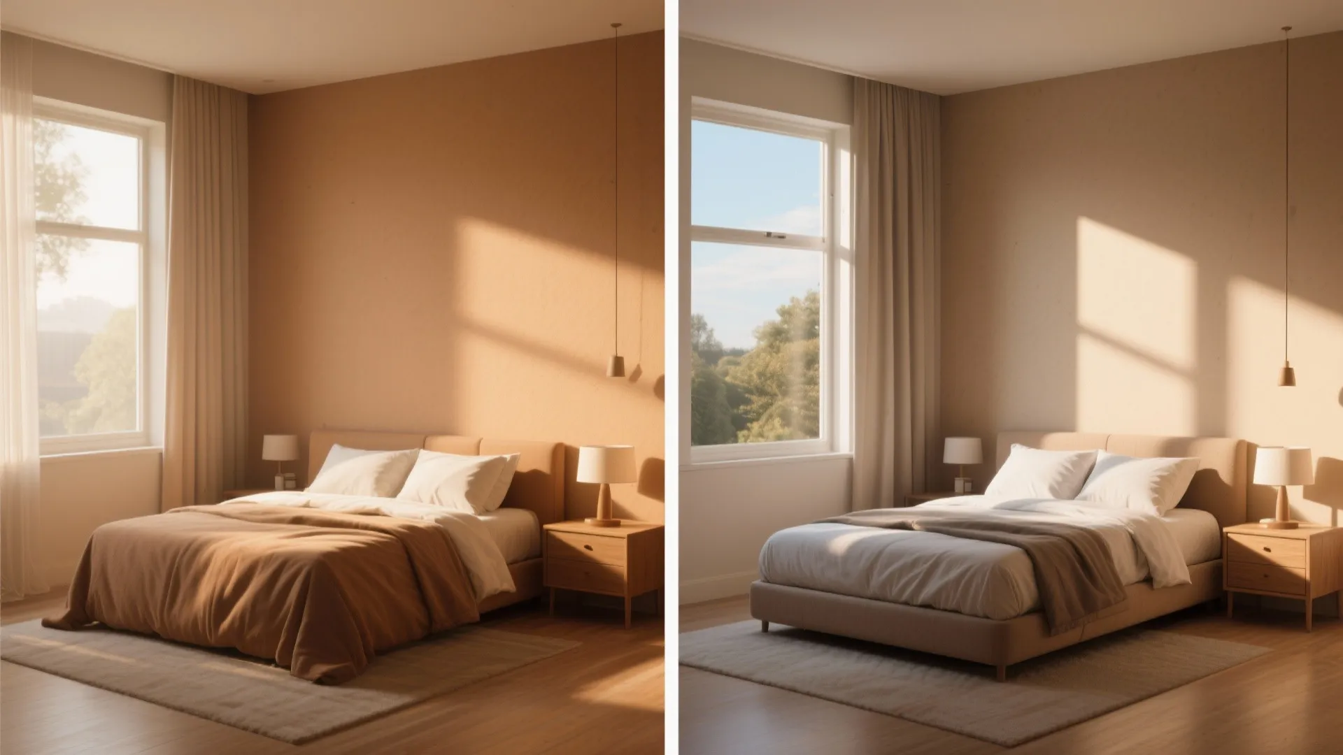 Split comparison of the same bedroom showing warm tan in north-facing light and cooler tan in south-facing sunlight.