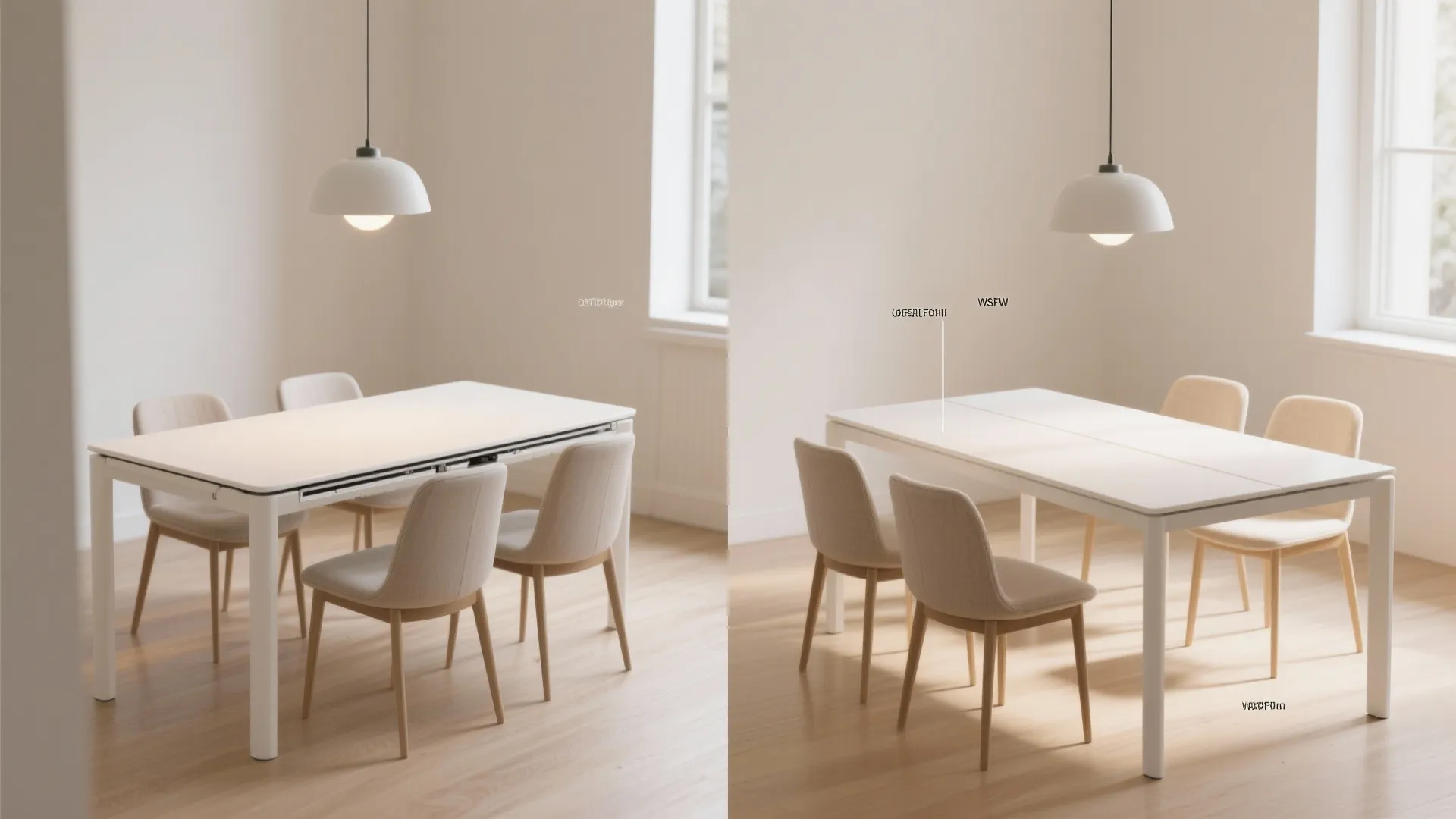 Two side by side views of white dining table chairs and a white ceiling light