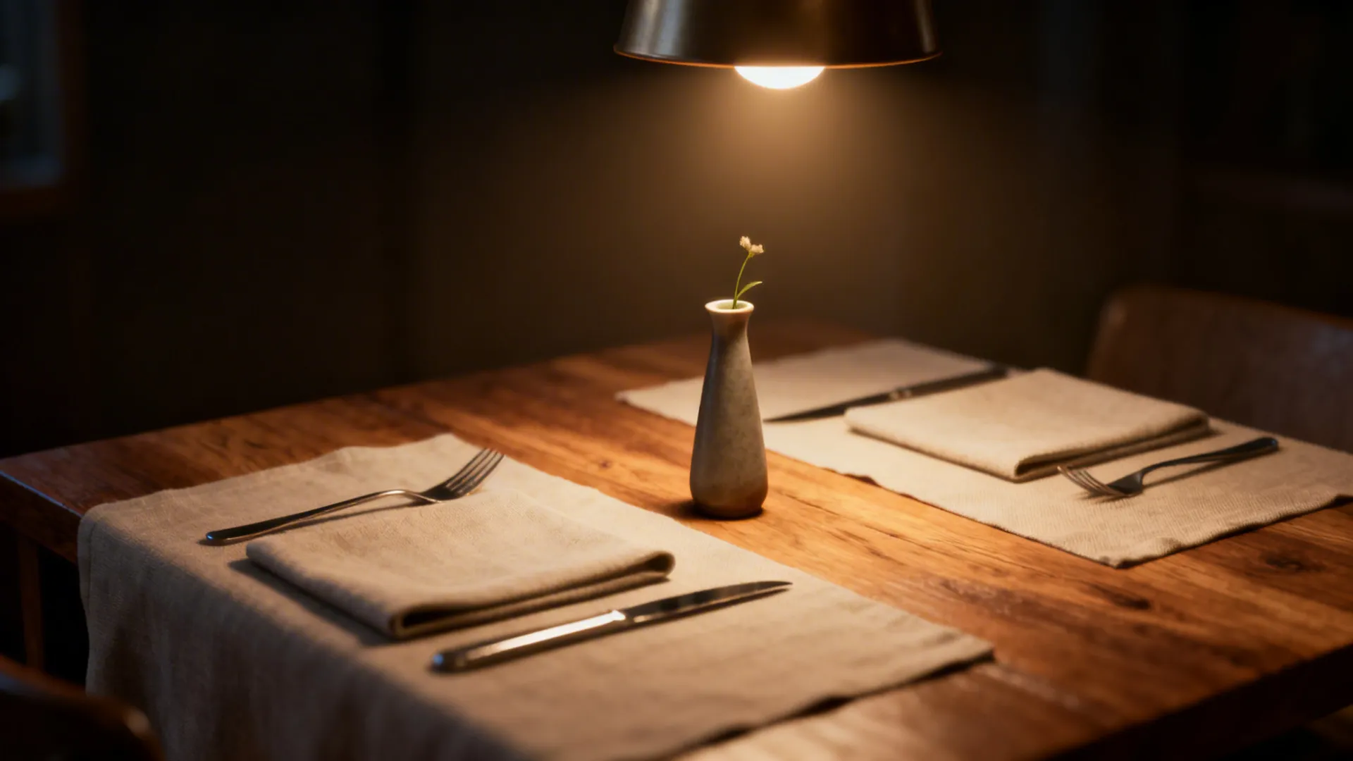 Warm wooden dining table set for two with small flower vase under one ceiling light