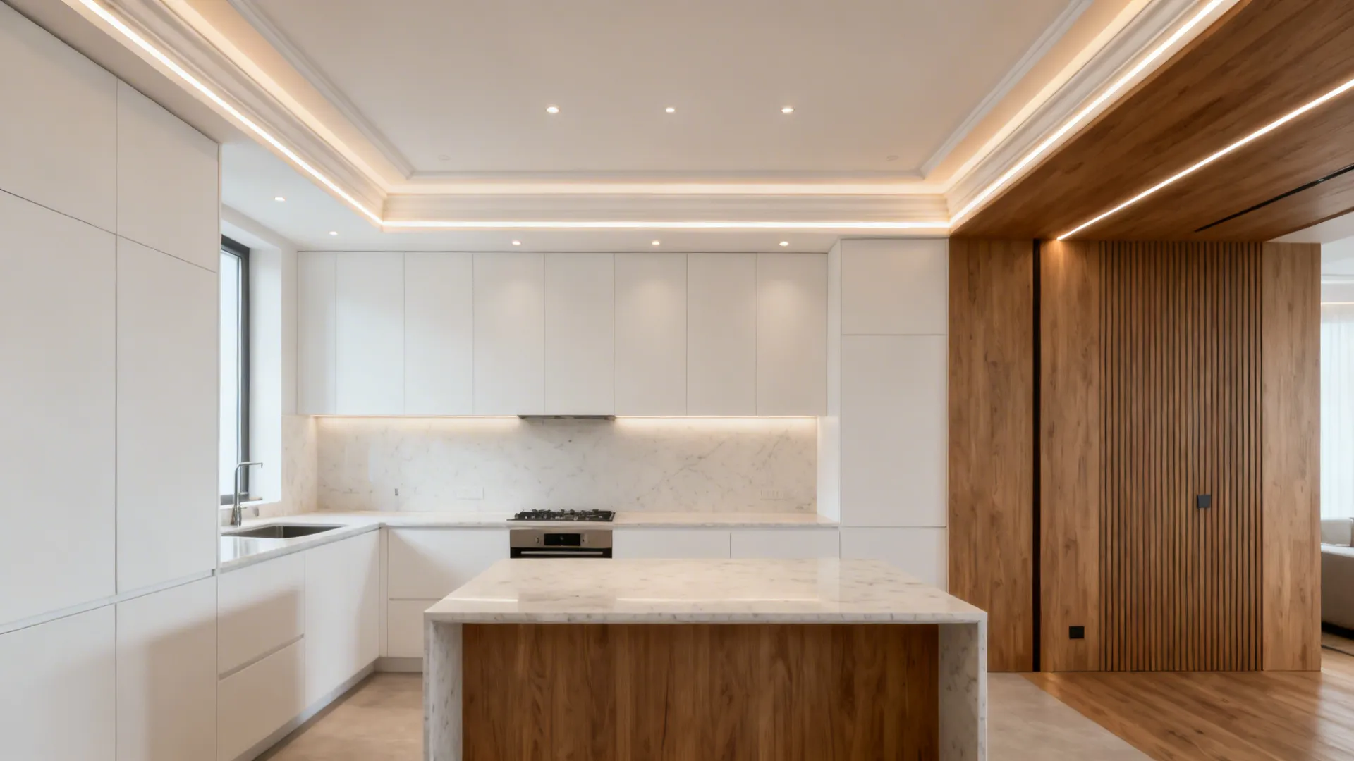 Slim perimeter lighting soffit with continuous LEDs framing a compact modern kitchen for precise task light.