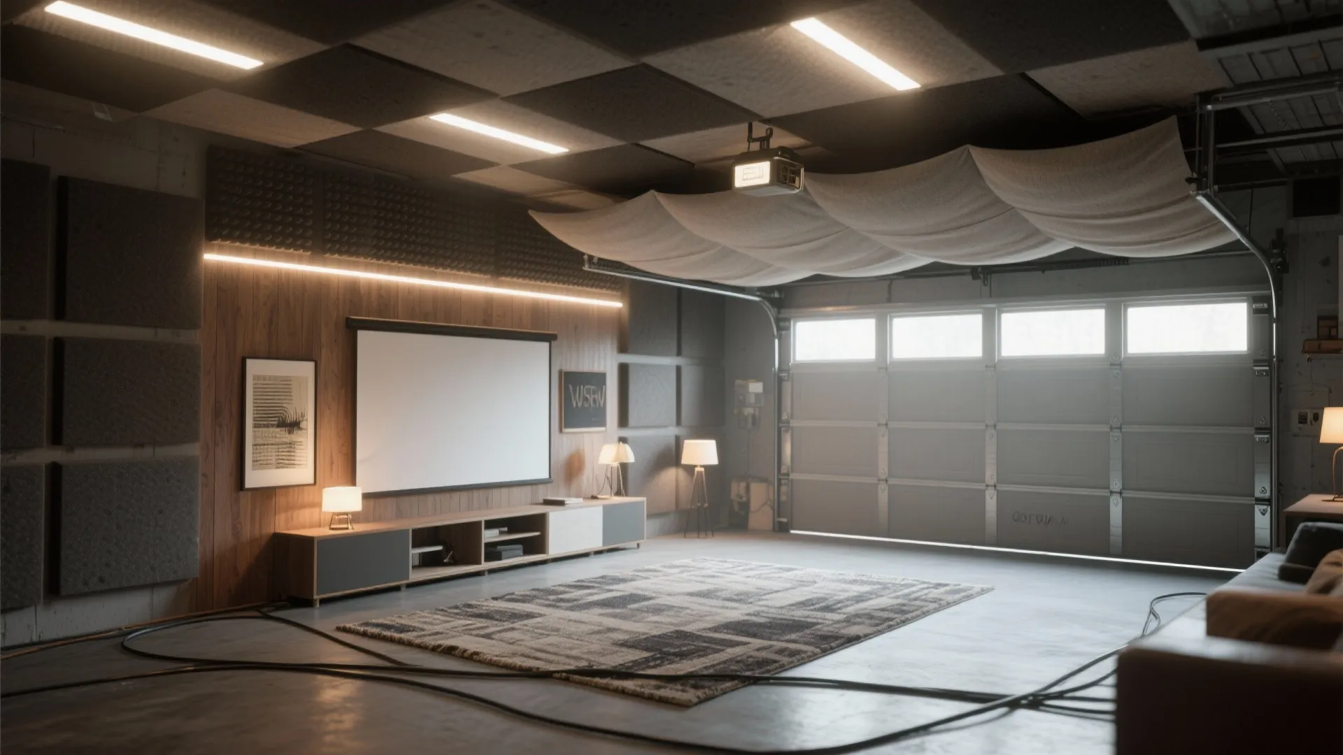 Garage interior converted into a media room with large projector screen ceiling light and floor rug
