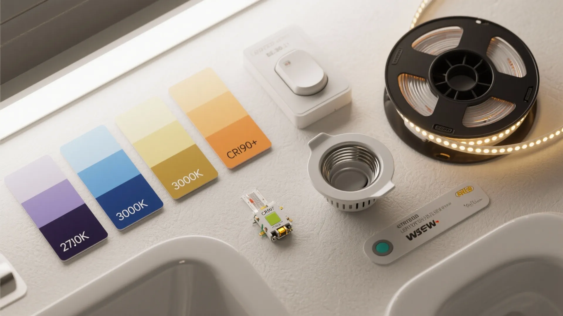 Flatlay of color temperature swatches, CRI90+ LED samples, dimmer and waterproof LED strip for vanity lighting planning