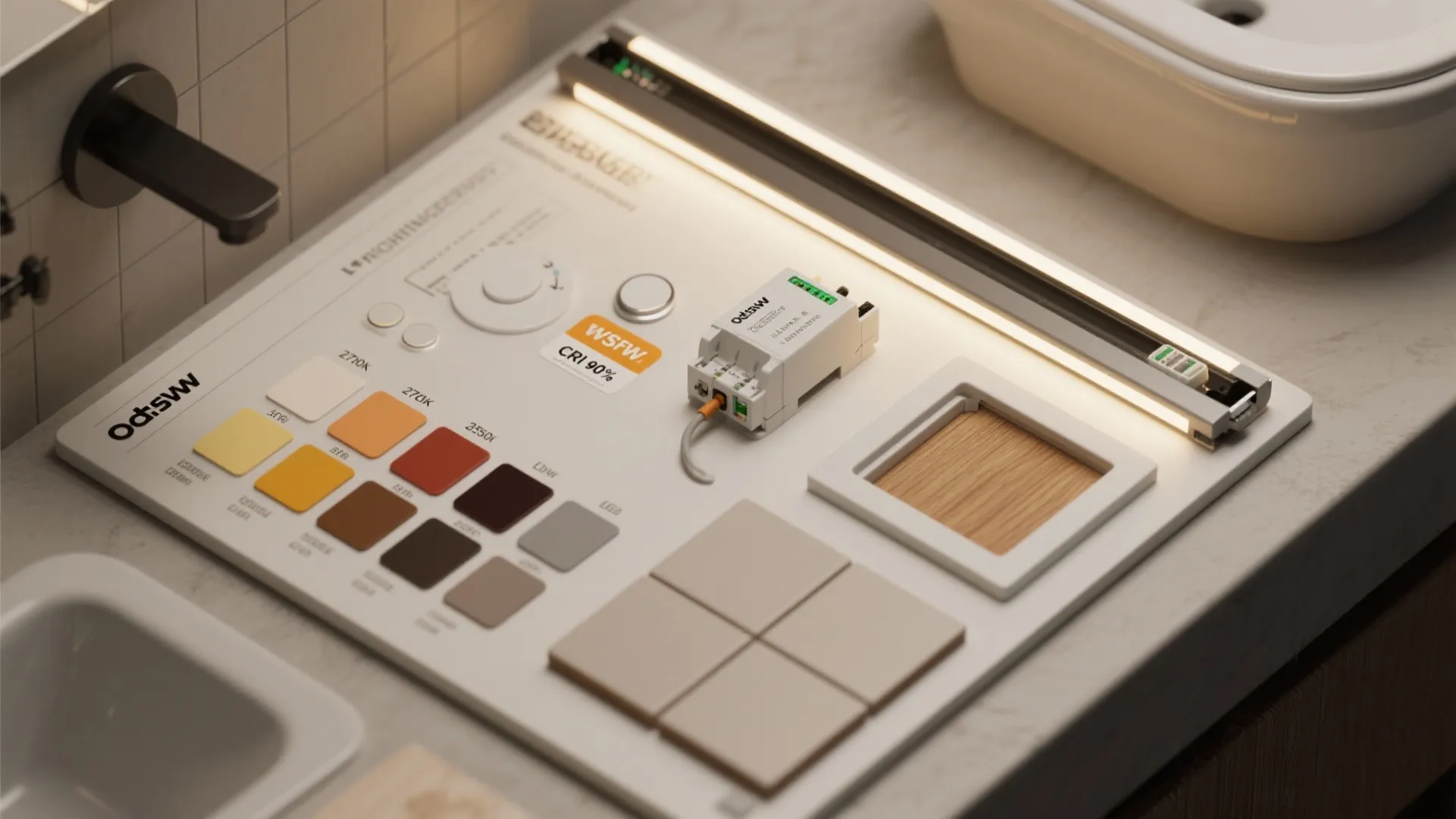 Interior design board showing color samples light fixture parts wood material and led strip light